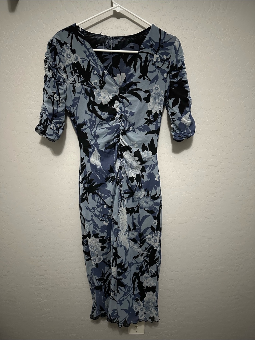 Blue Floral Midi Dress with Ruched Front
